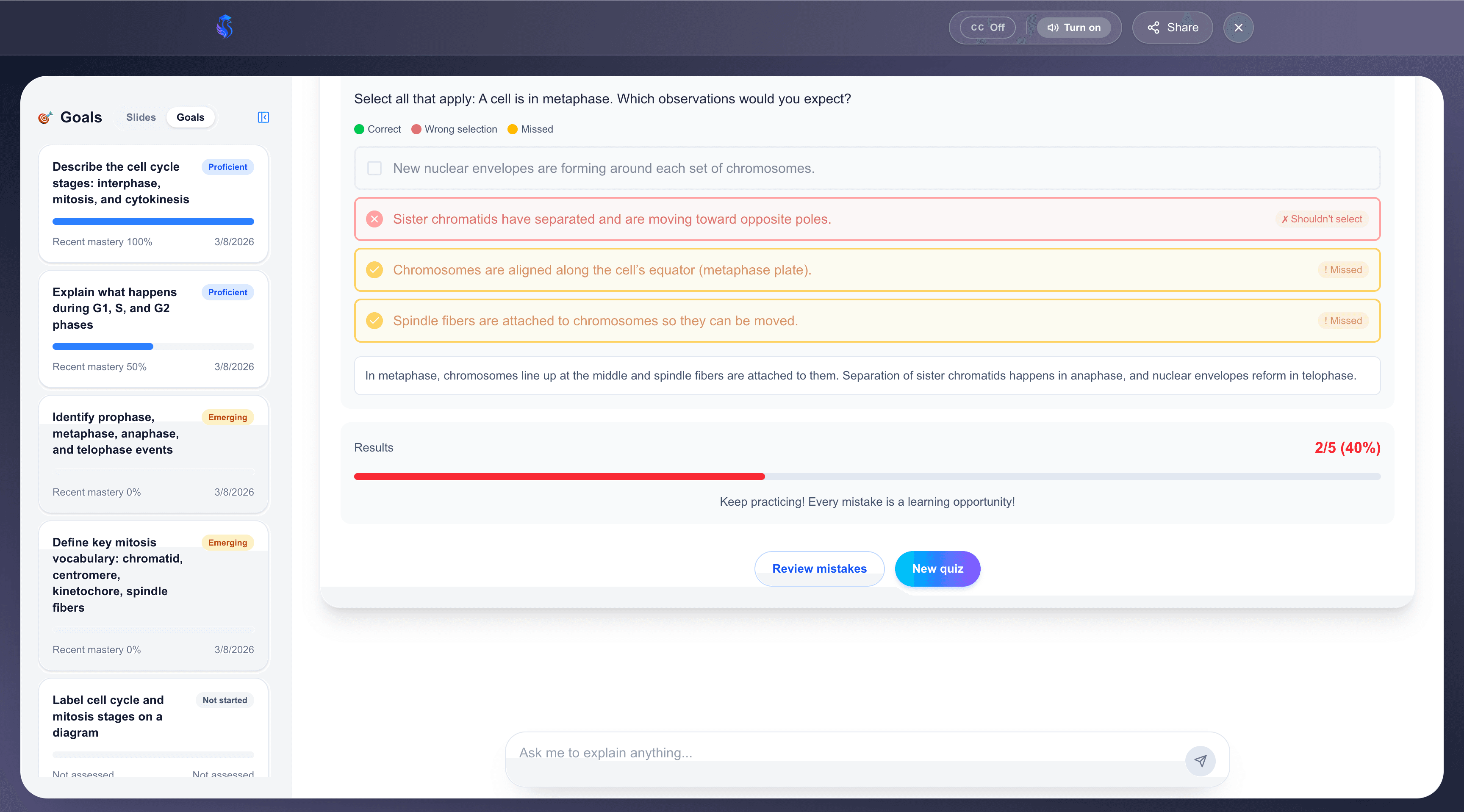 Student taking a quiz with goal-based mastery tracking